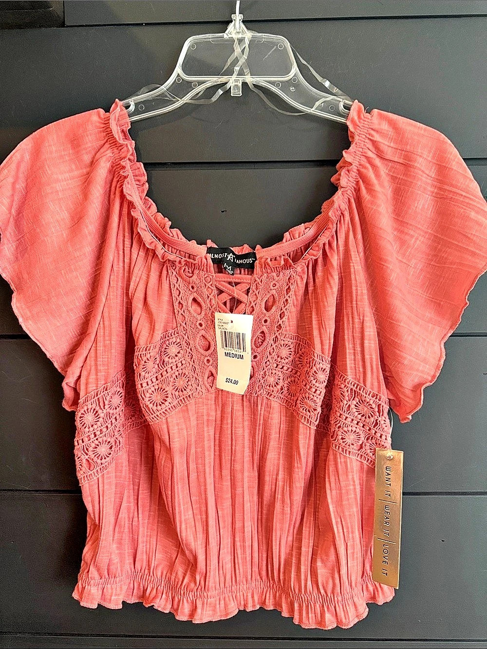 Almost Famous Crochet  Blouse Coral M NWT